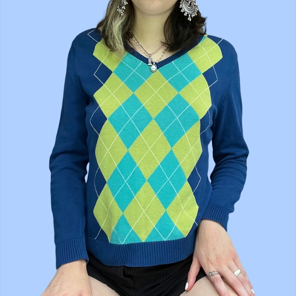 Vintage y2k Funky Preppy Blue & Green Argyle Sweater - Picture 1 of 5